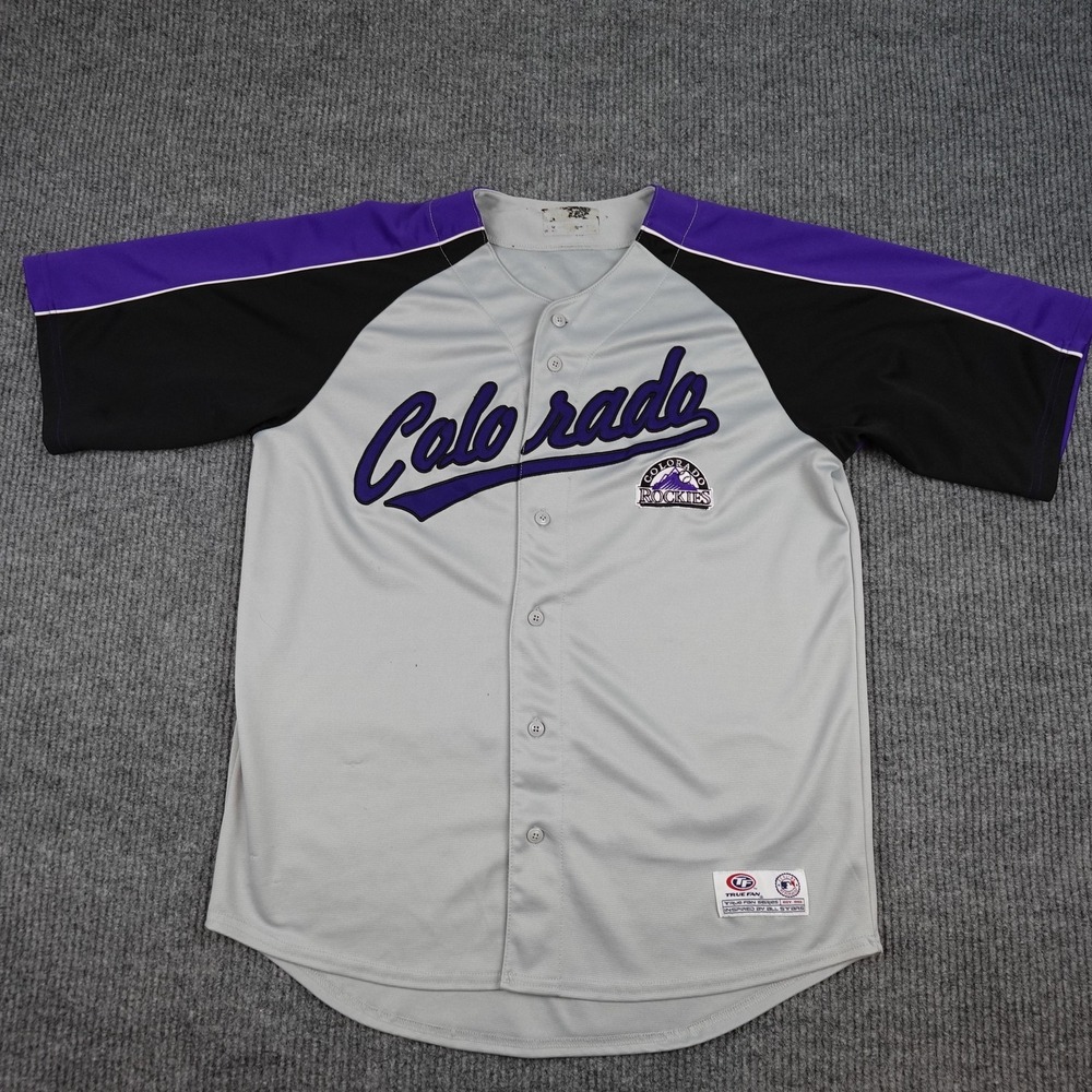 Colorado Rockies Jersey Mens Large Gray MLB Baseball True Fan Button Purple